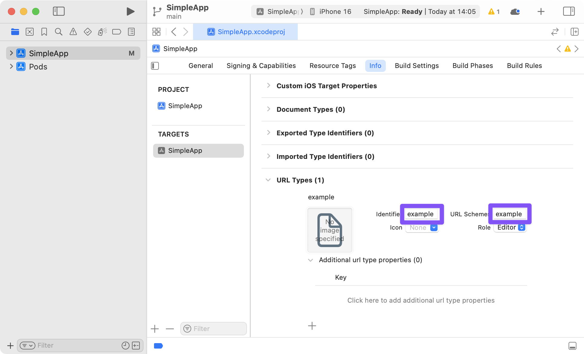 Xcode project info URL types with example added